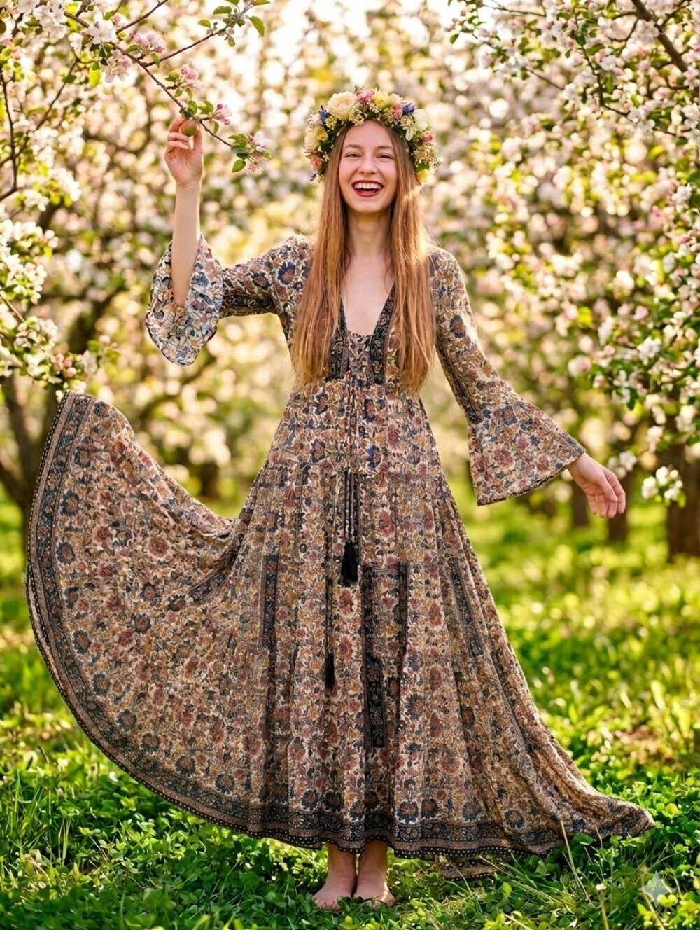 Chaudry Bohemian Boho Floral Tiered Maxi Dress S/M India Long Sleeve NWOT